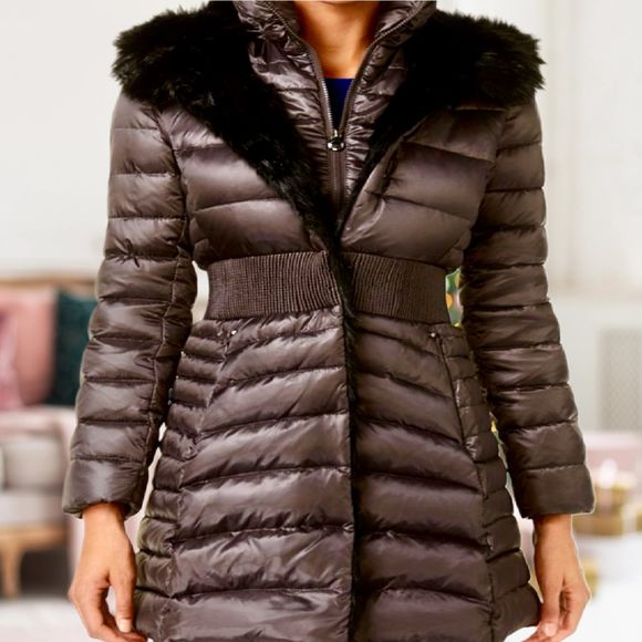 Laundry By Shelli Segal Jackets & Blazers - LAUNDRY BY SHELLI SEGAL Cinch-Waist Down Puffer Coat with Faux-Fur Trim XXL